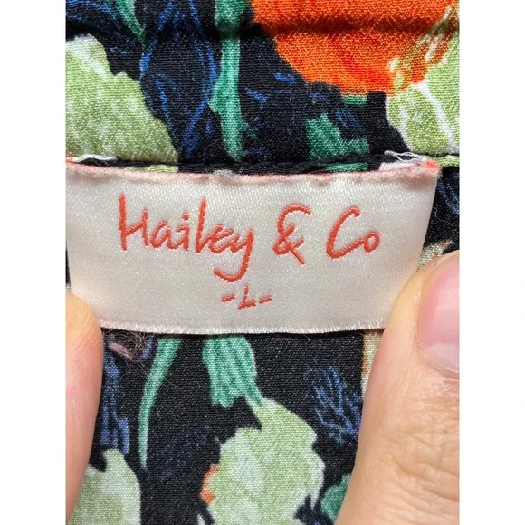 Hailey & Co Blouse Women's Large Black Orange Green Floral Ruffle V Neck Boho - Picture 5 of 11